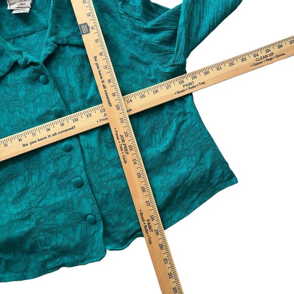 Karin Stevens Petites Textured Button Blouse Teal Blue Rayon Long Sleeve 90s - Picture 4 of 5